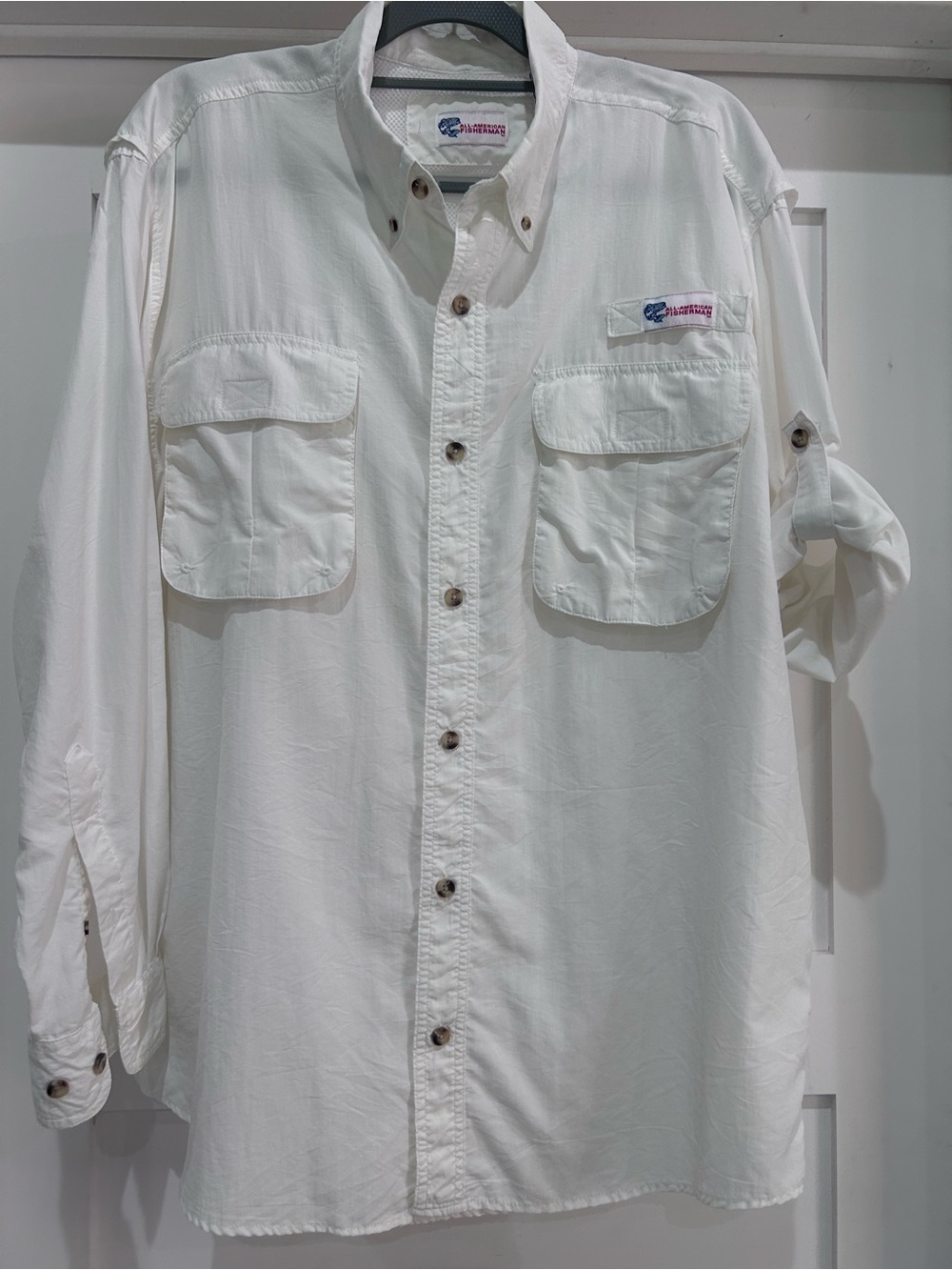 Men’s ALL-AMERICAN FISHERMAN, size L (42-44), white LS Fishing Shirt w/tiny snag